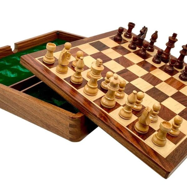 Jeu d'Echecs de Voyage Magnétique en Bois avec Compartiment de Rangement
