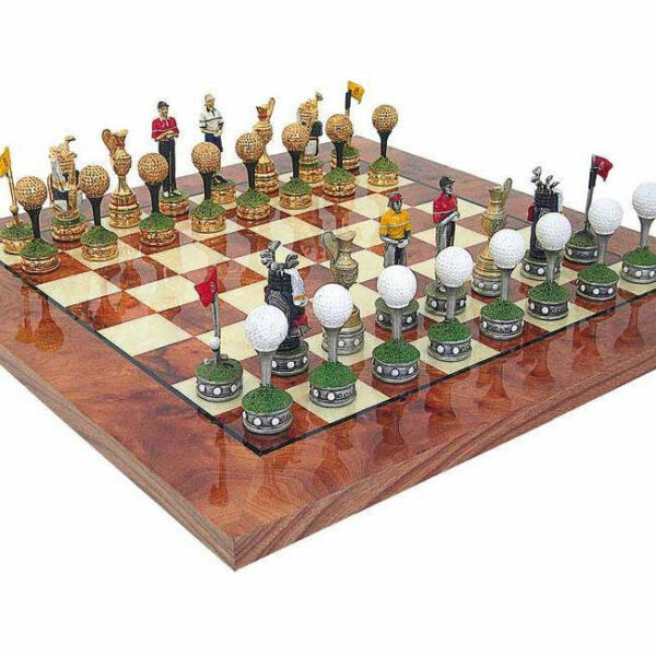 Echiquier en Bois et Jeu d'Echecs Golfeur en Etain