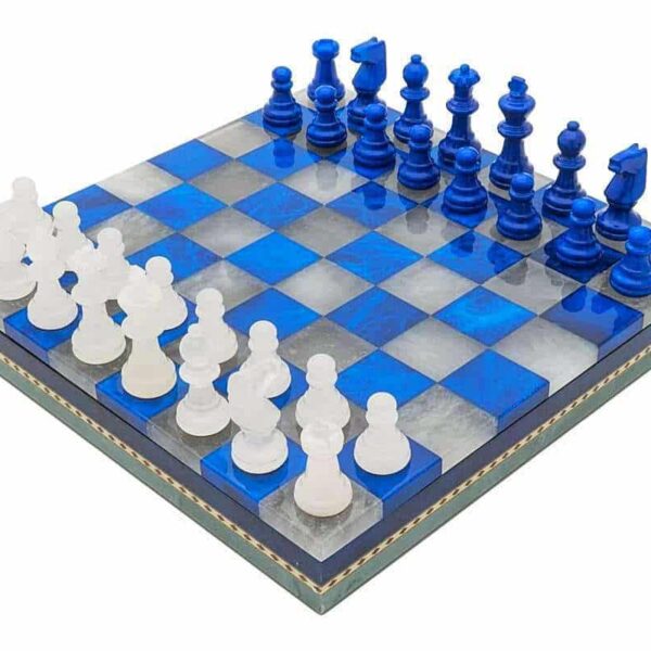 Jeu d’Echecs et Echiquier en Marbre Bleu et Blanc