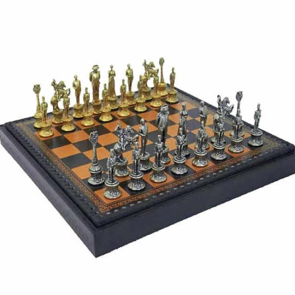 Jeu d'Echecs en Métal Napoléon et Echiquier en Similicuir