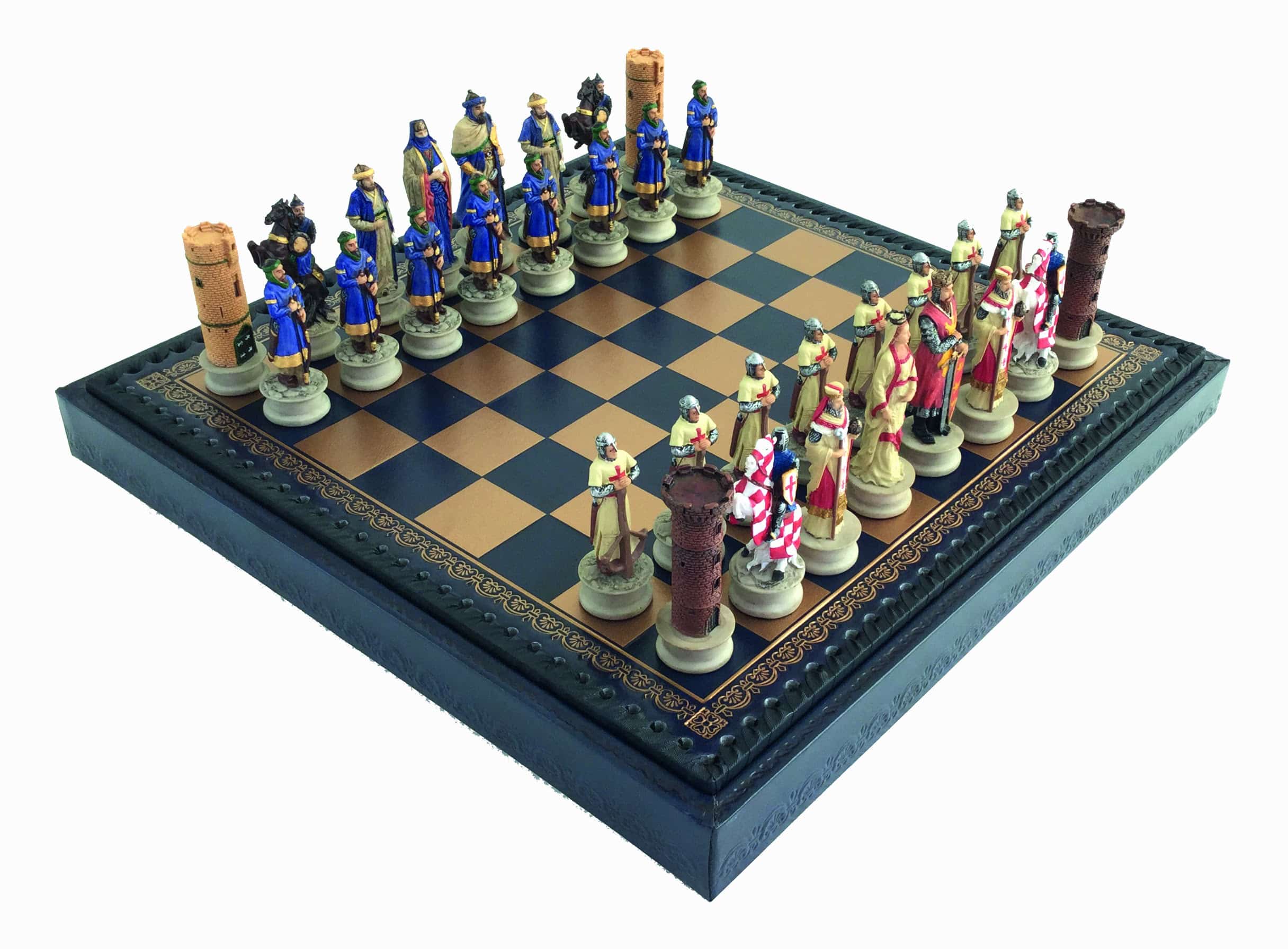 Jeu d'Echecs Original et Echiquier en Simili Cuir Bleu avec Rangement