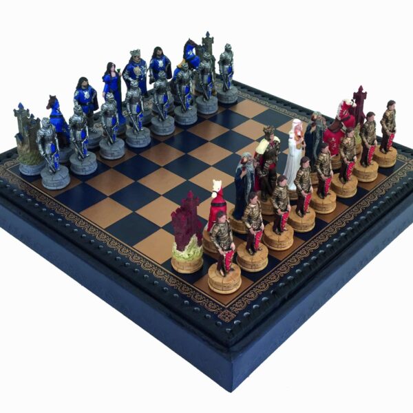 Ensemble Jeu d'Echecs Le Roi Arthur et Echiquier Bleu avec Rangement