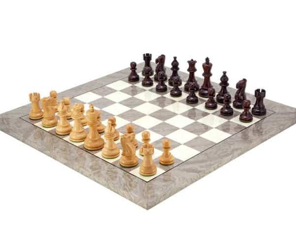 Ensemble Jeu d'Echecs Moderne 6 en Bois de Palissandre et Echiquier en Ronce de Frêne Gris