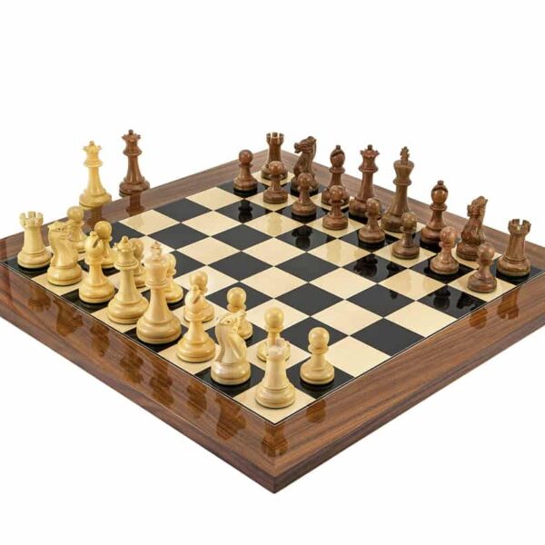 Ensemble Jeu d'Echecs King 5 en Bois de Rose Doré et Echiquier Design en Bois de Palissandre