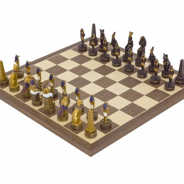 Ensemble Jeu d'Echec Ancienne Egypte et Echiquier en Bois de Noyer et Erable