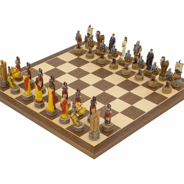Ensemble Jeu d'Echecs La guerre de Troie et Echiquier en Bois de Noyer et Erable