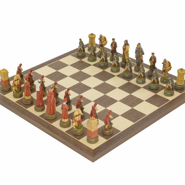 Ensemble Jeu d'Echecs La légende de Camelot et Echiquier en Bois de Noyer et Erable