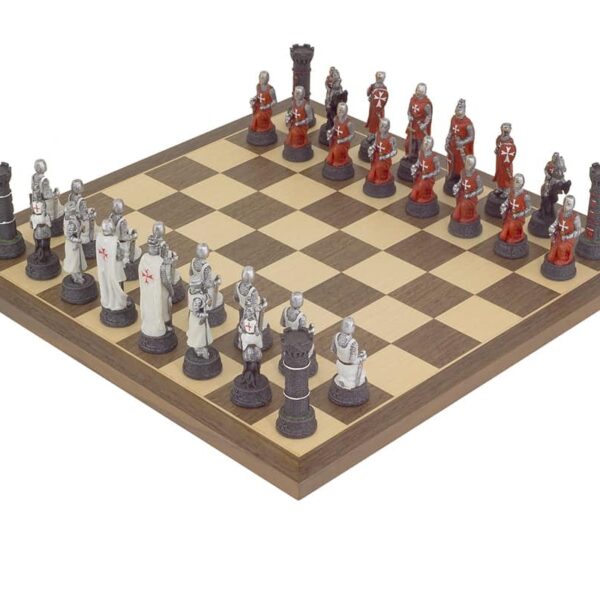 Ensemble Jeu Echecs Les Templiers et Echiquier en Bois de Noyer et Erable