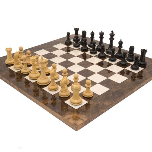 Ensemble Jeu d’Echec King Luxe 3 Pièces en Bois d'Ebène et Echiquier en Bois de Noyer et Orme