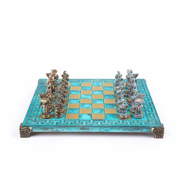 Petit Ensemble Jeu d'Echecs Grec en Métal Bronze et Bleu et Echiquier en Laiton avec Rangement