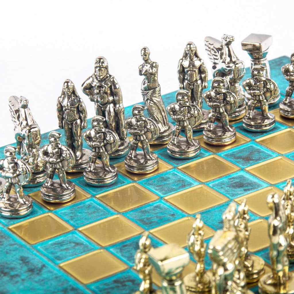 Jeu D'échecs Style Rome Antique - Pièces En Zamak Faites Main, Plateau Bois Motif Marbre 43x43cm - Décoration Et Jeu
