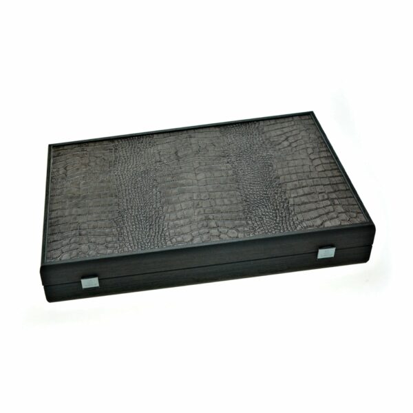 Backgammon Pliable Effet Crocodile en Cuir Gris et bois