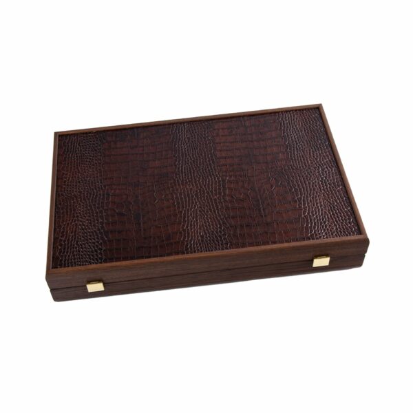 Backgammon Pliable Effet Crocodile en Cuir Marron Vieilli et Bois