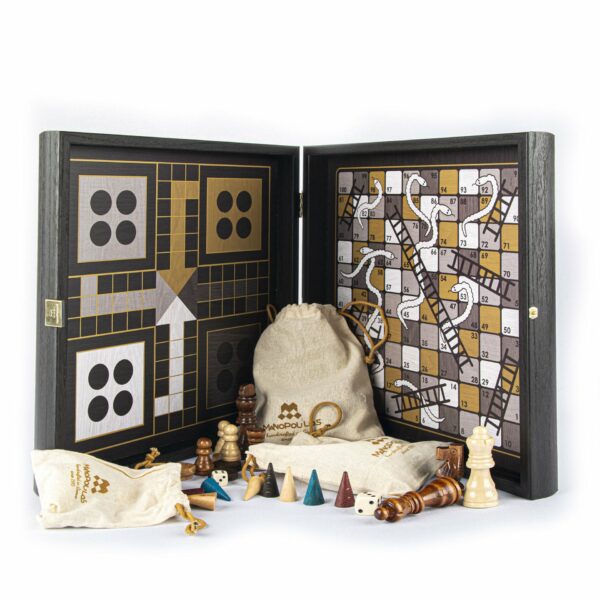 Jeu Combiné 4 en 1 en Bois Style Moderne - Échecs/Backgammon/Ludo/Serpents