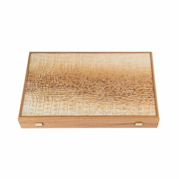 Backgammon Pliable Effet Crocodile en Cuir Ivoire et Marron et Bois