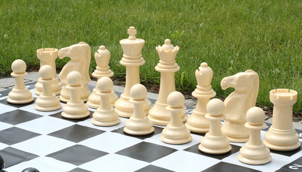 Ensemble d’Échecs et Dames en Plastique Résistant aux Intempéries avec Échiquier en Vinyle - Idéal pour Intérieur et Extérieur