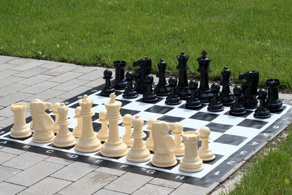 Ensemble d’Échecs et Dames en Plastique Résistant aux Intempéries avec Échiquier en Vinyle - Idéal pour Intérieur et Extérieur