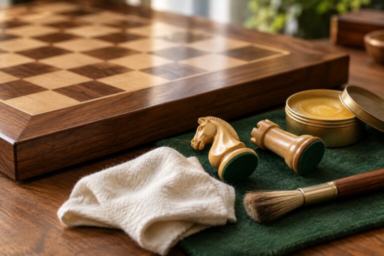 Plateau d'échecs en bois, cire d'abeille, chiffon et pinceau pour l'entretien